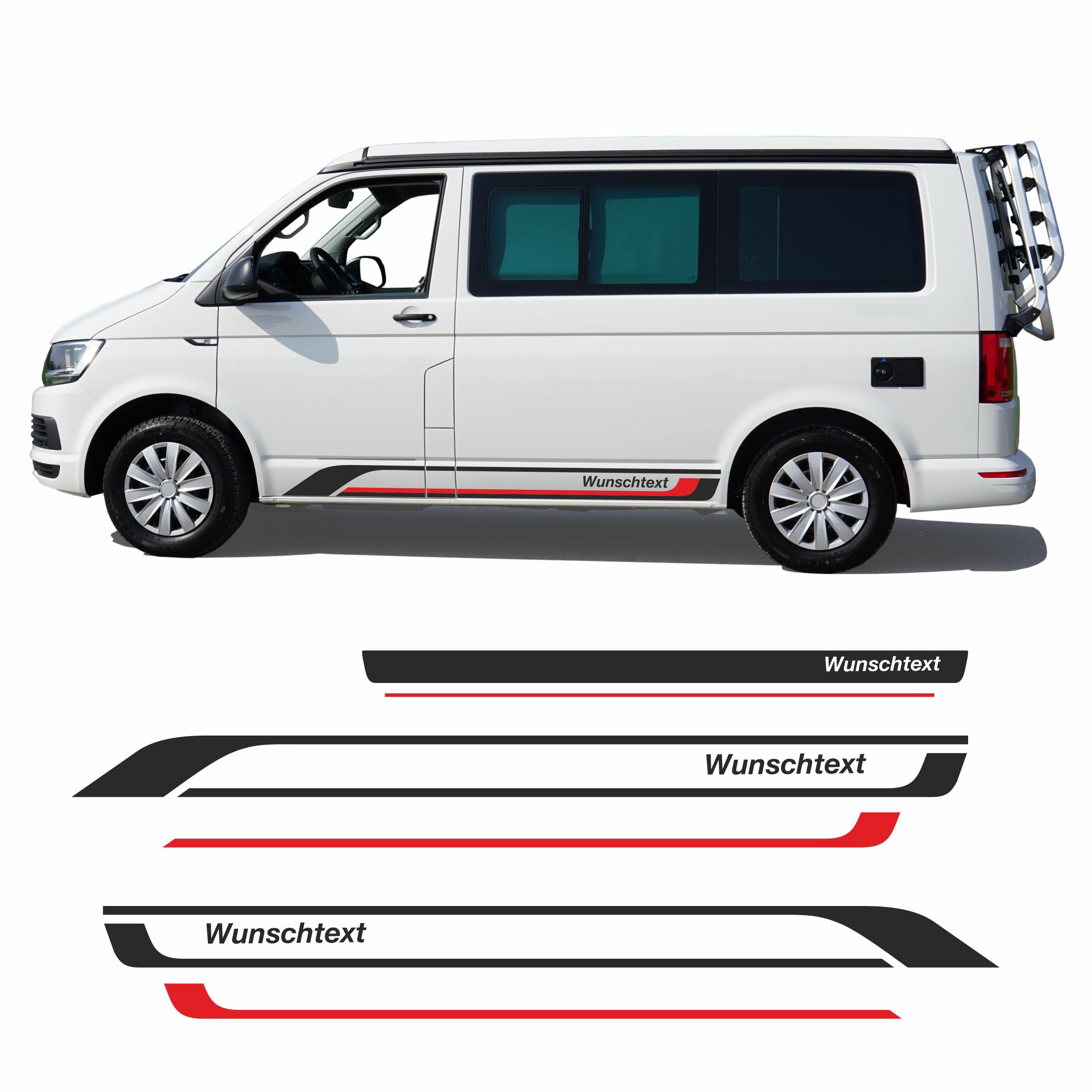 Seitenstreifen Aufkleber passend für VW T6 T5 T6.1 Edition (Schwarz/Rot) mit Wunschtext