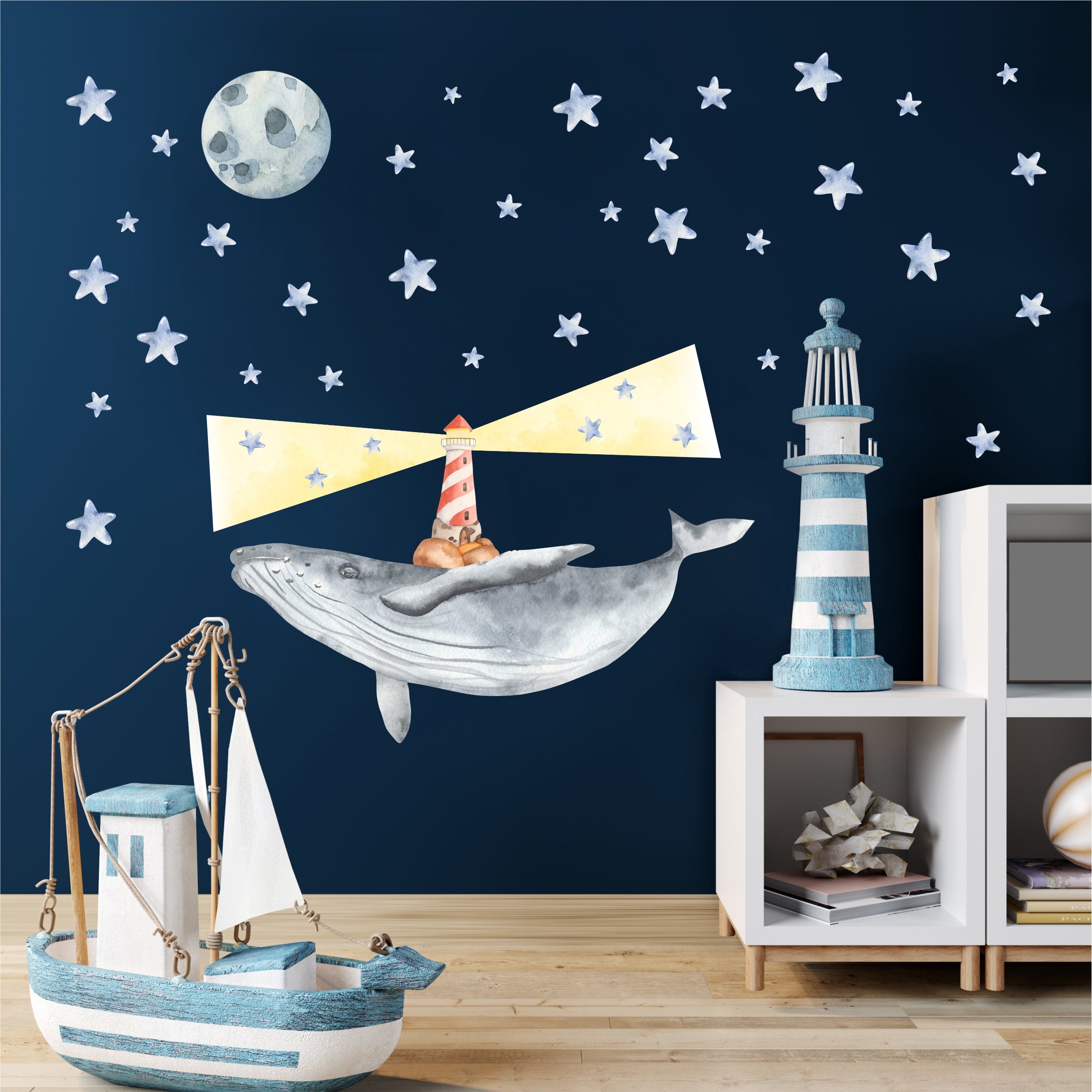 Wandtattoo Wal mit Leuchtturm und Mond mit Sterne - Wandsticker Kinderzimmer - FOTOFOL