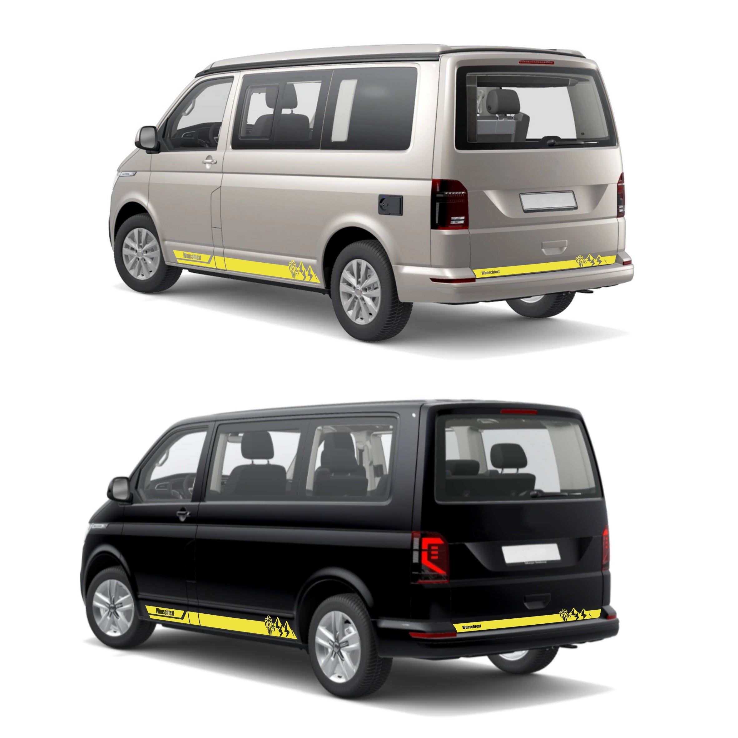 Seitenstreifen Aufkleber Berge-Palme-Surfbrett passend für VW T6.1, T6, T5, Multivan, Bulli, Transporter - mit WUNSCHTEXT
