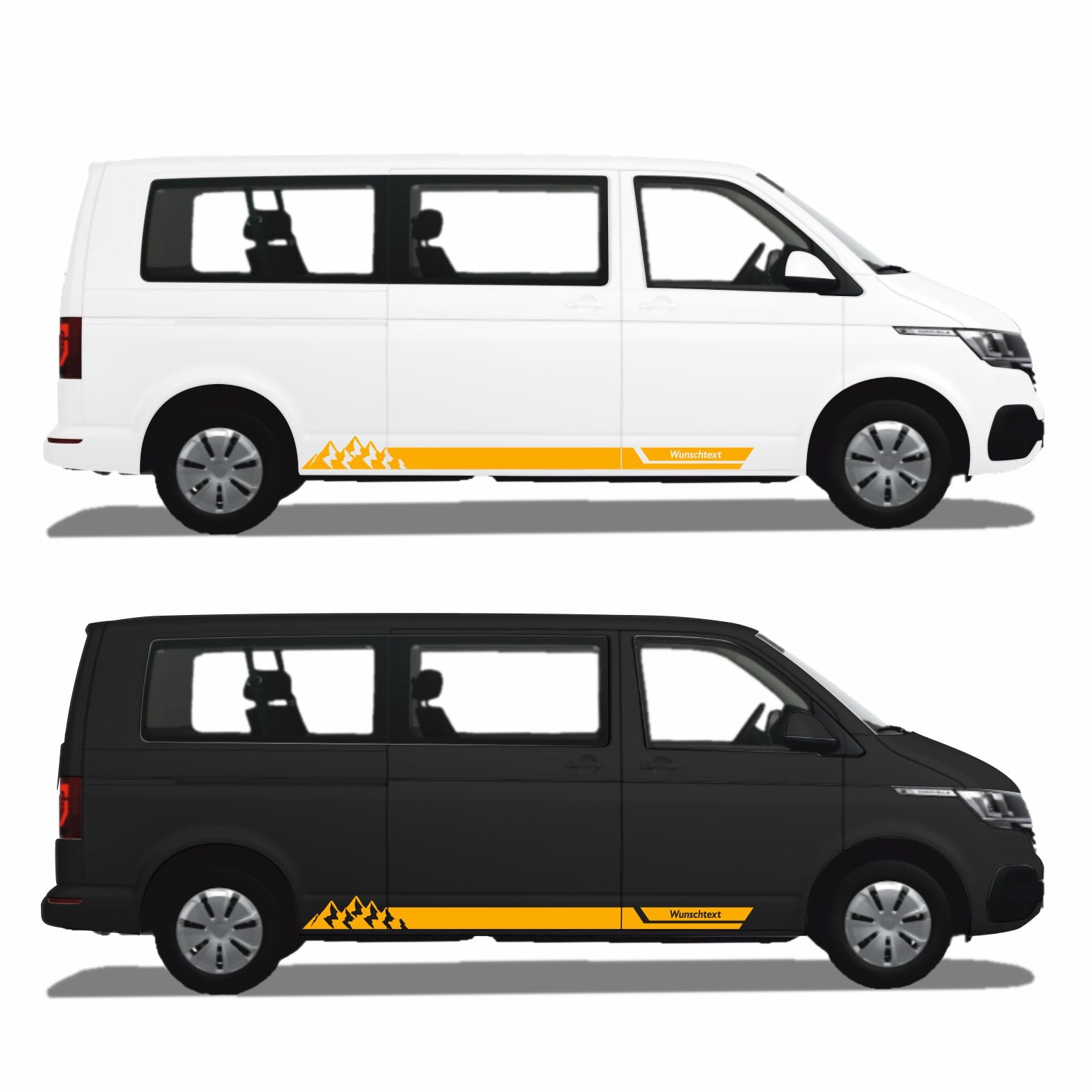 Seitenstreifen Aufkleber mit "Berge" Motiv passend für VW T6.1, T6, T5, Multivan, Bulli, Transporter - WUNSCHTEXT