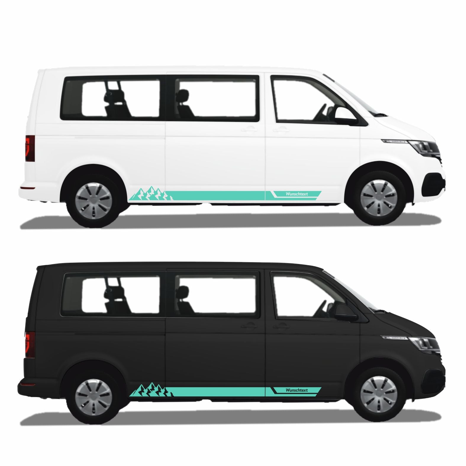Seitenstreifen Aufkleber mit "Berge" Motiv passend für VW T6.1, T6, T5, Multivan, Bulli, Transporter - WUNSCHTEXT