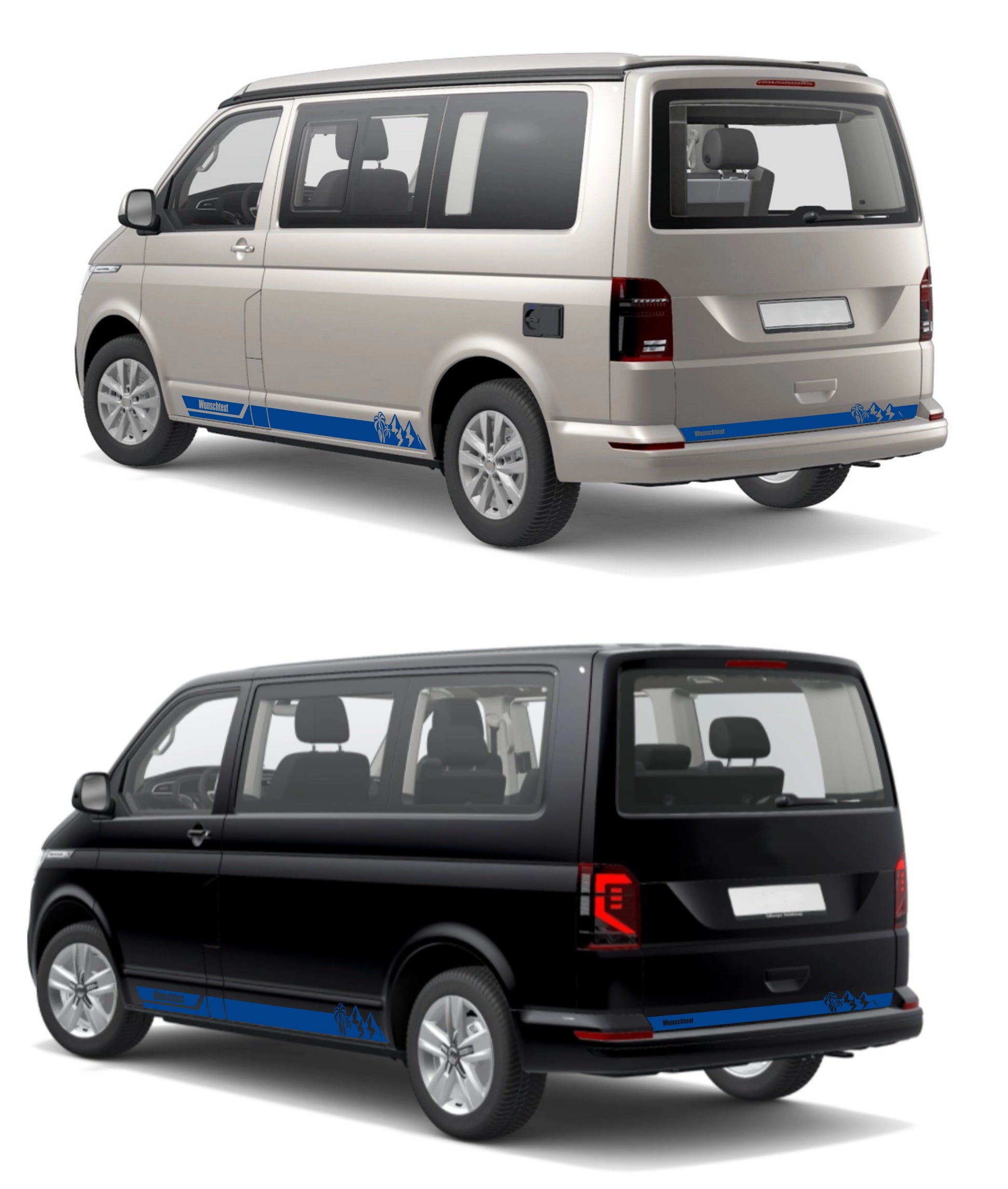 Seitenstreifen Aufkleber Berge-Palme-Surfbrett passend für VW T6.1, T6, T5, Multivan, Bulli, Transporter - mit WUNSCHTEXT