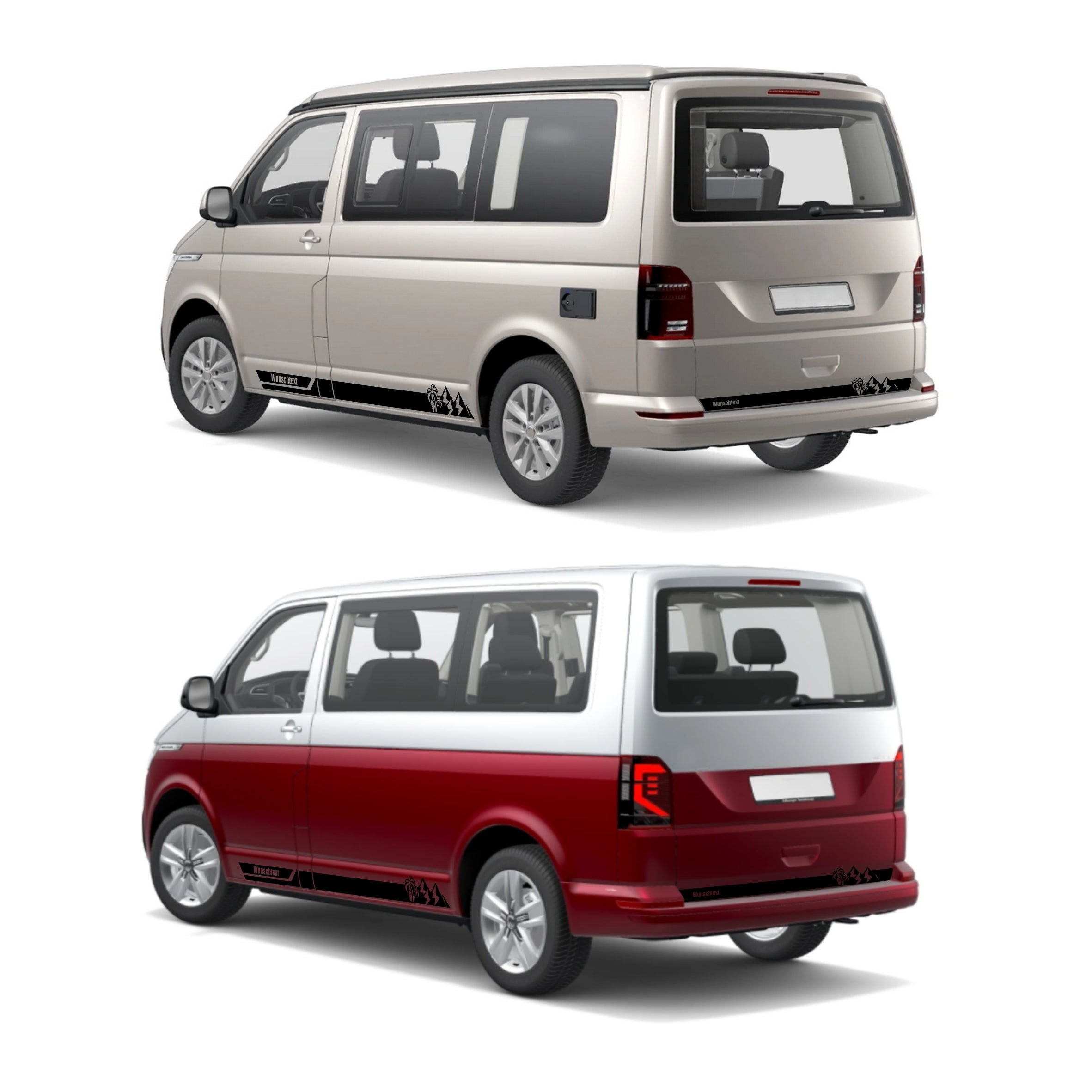 Seitenstreifen Aufkleber Berge-Palme-Surfbrett passend für VW T6.1, T6, T5, Multivan, Bulli, Transporter - mit WUNSCHTEXT