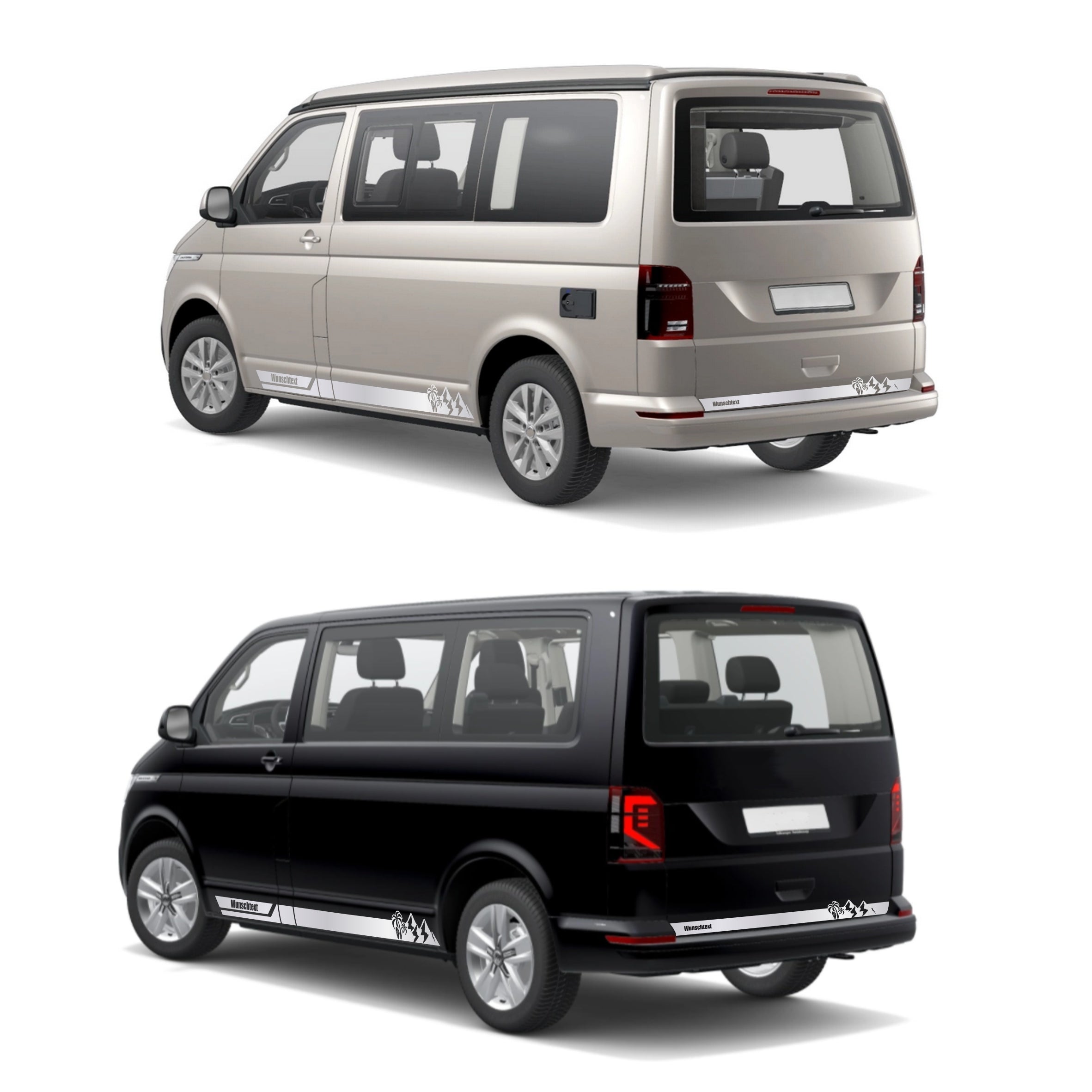 Seitenstreifen Aufkleber Berge-Palme-Surfbrett passend für VW T6.1, T6, T5, Multivan, Bulli, Transporter - mit WUNSCHTEXT