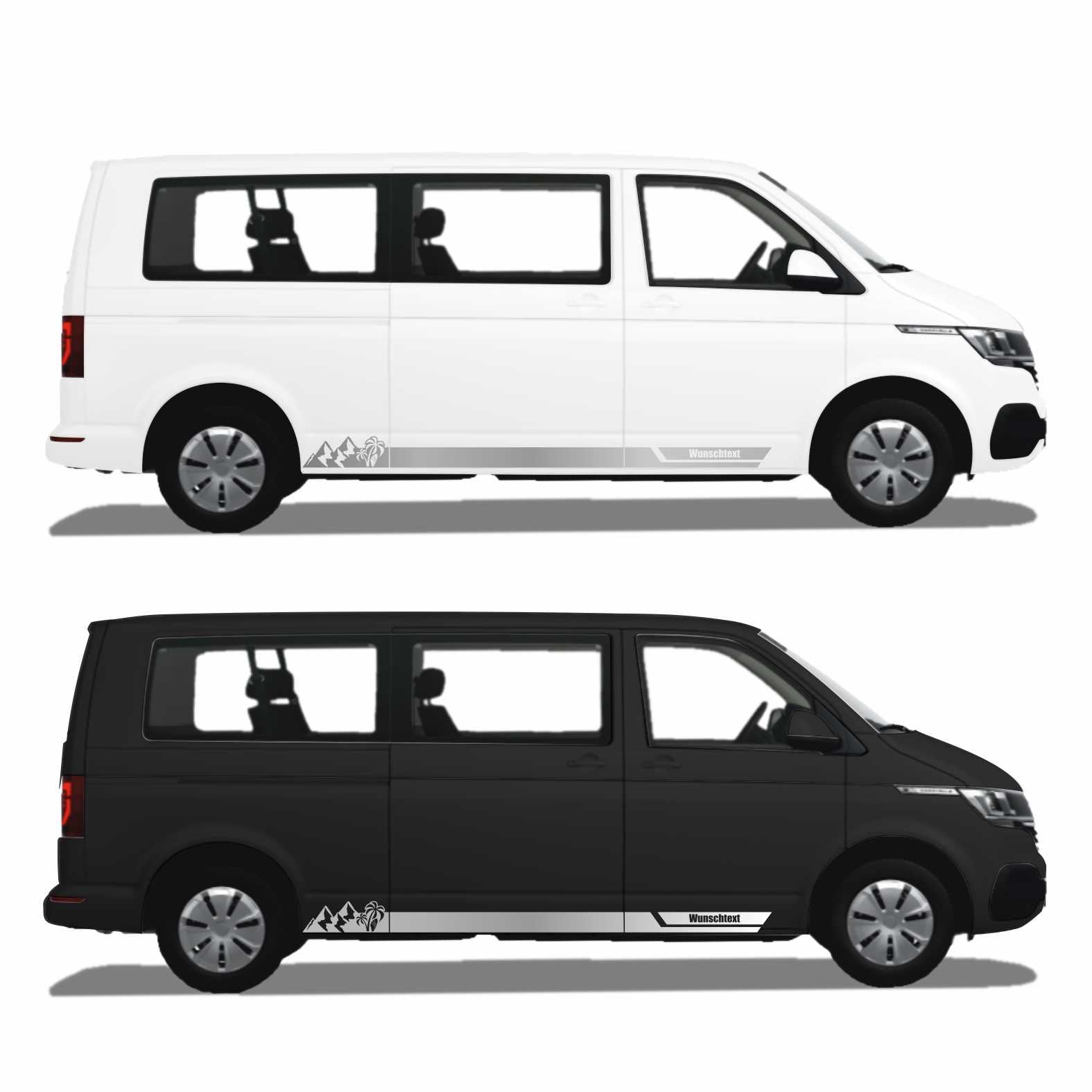 Seitenstreifen Aufkleber Berge-Palme-Surfbrett passend für VW T6.1, T6, T5, Multivan, Bulli, Transporter - mit WUNSCHTEXT