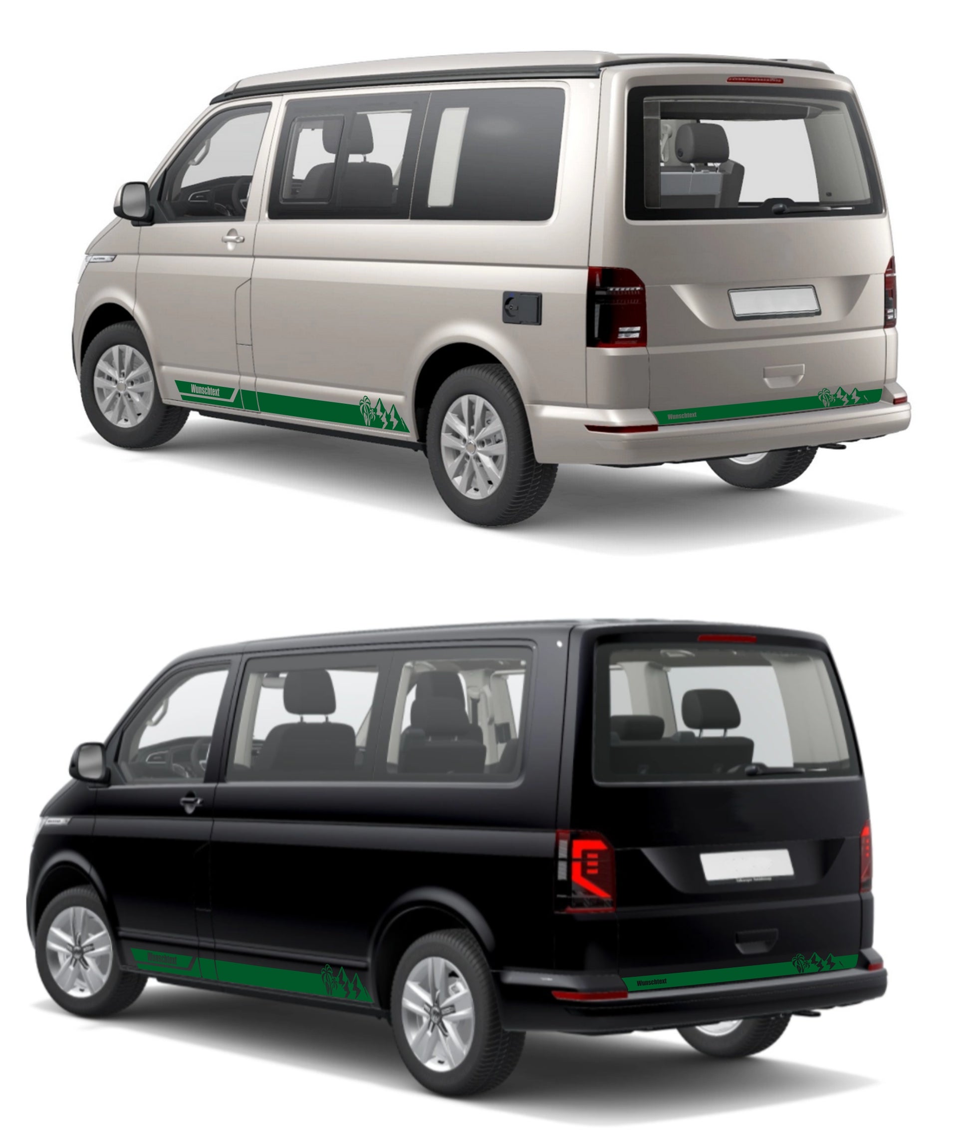 Seitenstreifen Aufkleber Berge-Palme-Surfbrett passend für VW T6.1, T6, T5, Multivan, Bulli, Transporter - mit WUNSCHTEXT